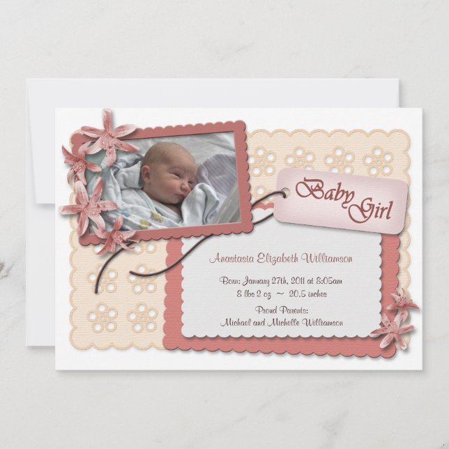 Blume und Spitzen-Rosa-Geburtshinweise Ankündigung (Vorderseite)