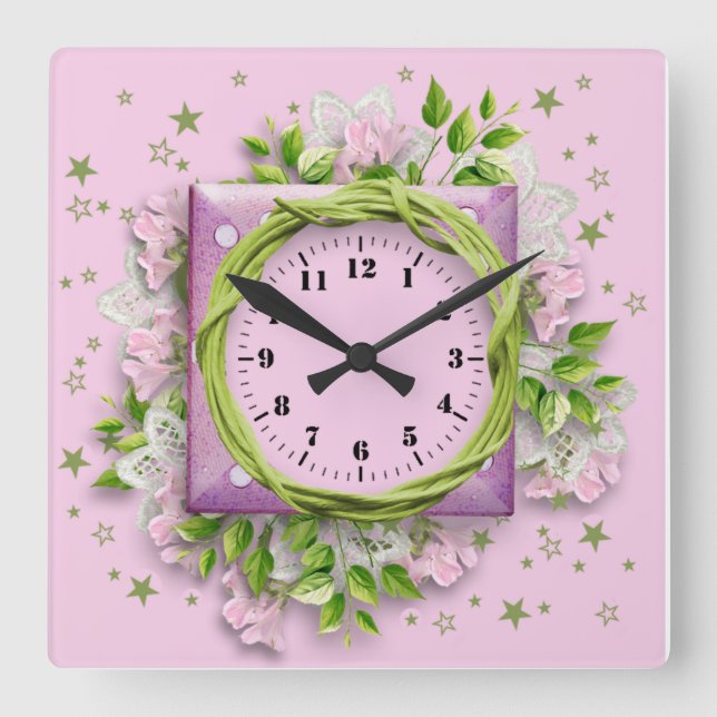 Blume und Sterne rosa Quadratische Wanduhr (Vorderseite)