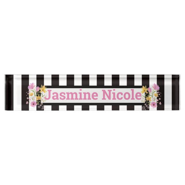 Blume und Streifen Namensplakette (Vorderseite)