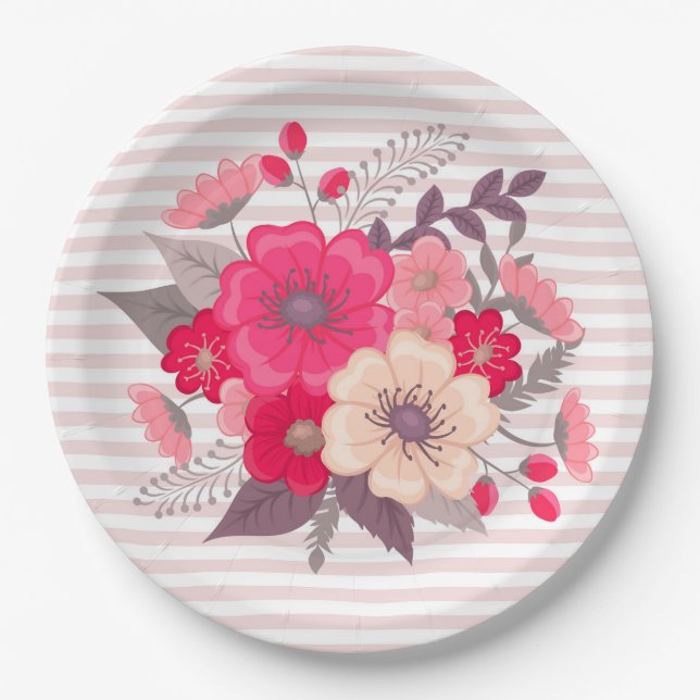 Blume und Streifen Pappteller (Vorderseite)