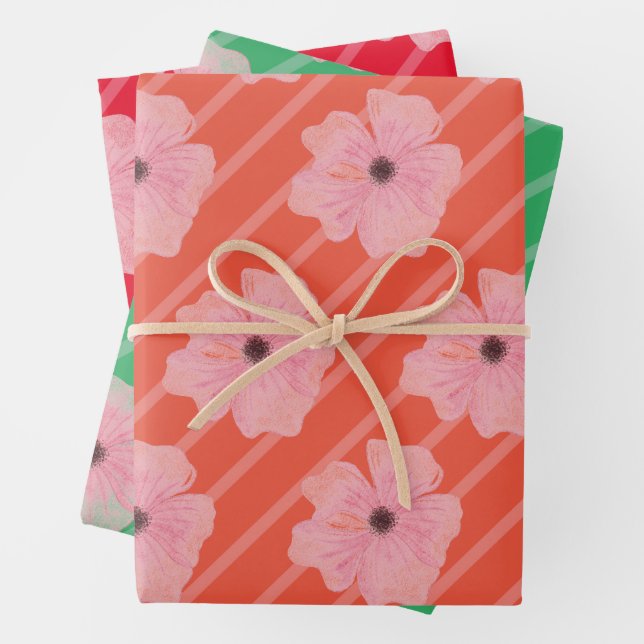 Blume und Streifen, rosa, umhüllende Papierblätter Geschenkpapier Set (Beispiel)