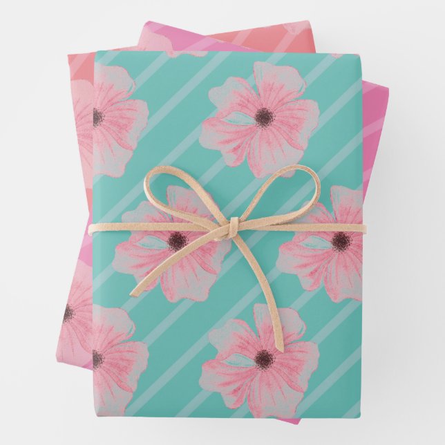 Blume und Streifen, rosa, umhüllende Papierblätter Geschenkpapier Set (Beispiel)