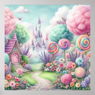 Blume und Süßigkeiten in pastellfarbenem Märchenla Poster