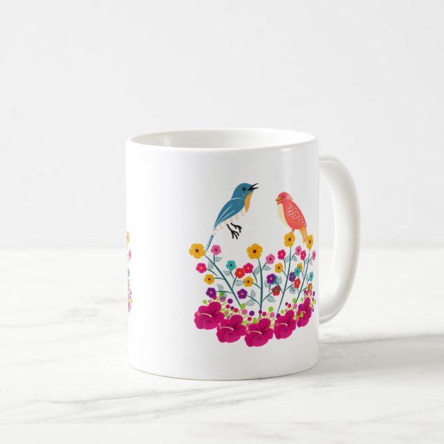 Blume und Vögel farbenfroh schön Kaffeetasse (VorderseiteRechts)