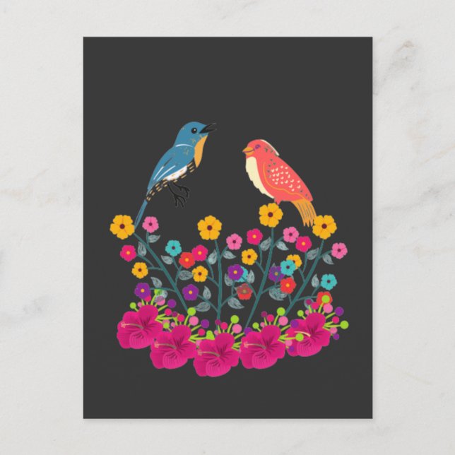 Blume und Vögel farbenfroh schön Postkarte (Vorderseite)