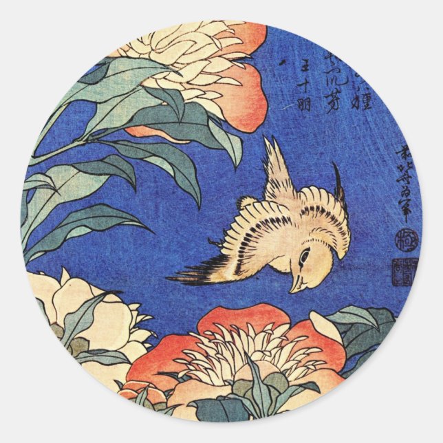 Blume und Vogel, Hokusai Runder Aufkleber (Vorderseite)
