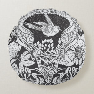 Blume und Vogel im Jugendstil nahtlos pflücken Rundes Kissen