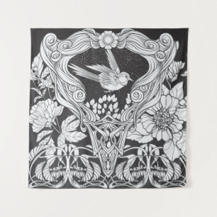 Blume und Vogel im Jugendstil nahtlos pflücken Wandteppich