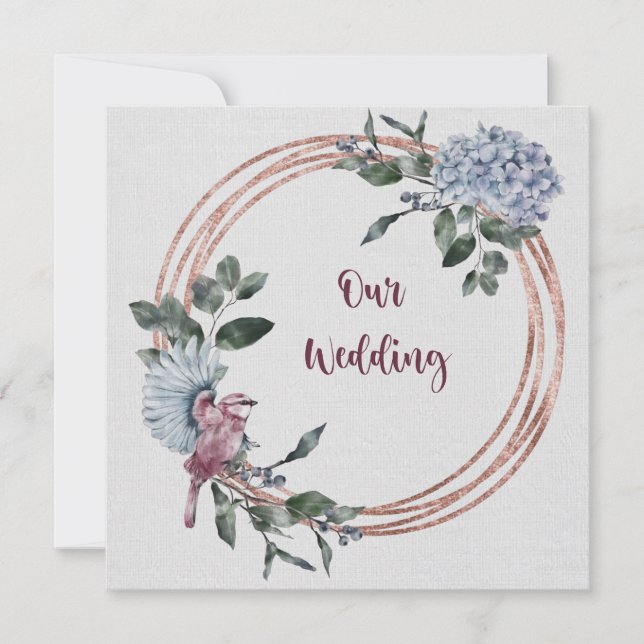 Blume und Vögel in Aquarellfarbe und Burgund Einladung (Vorderseite)