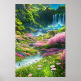 Blume und Wasserfall im Grünen Tal Poster