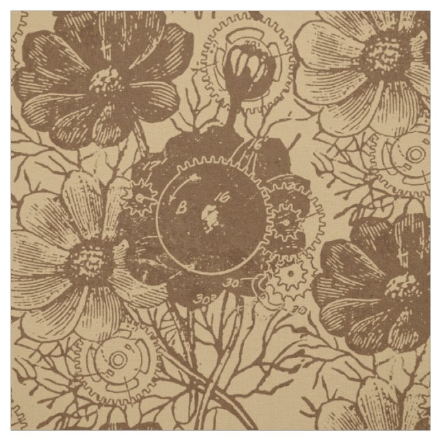Blume und Zahnräder braun Stoff (Muster)