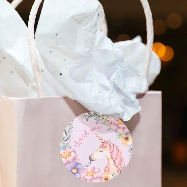 Blume Unicorn Girl Danke Runder Aufkleber (Watercolor Flower Unicorn Girl Thank You Classic Round Sticker)