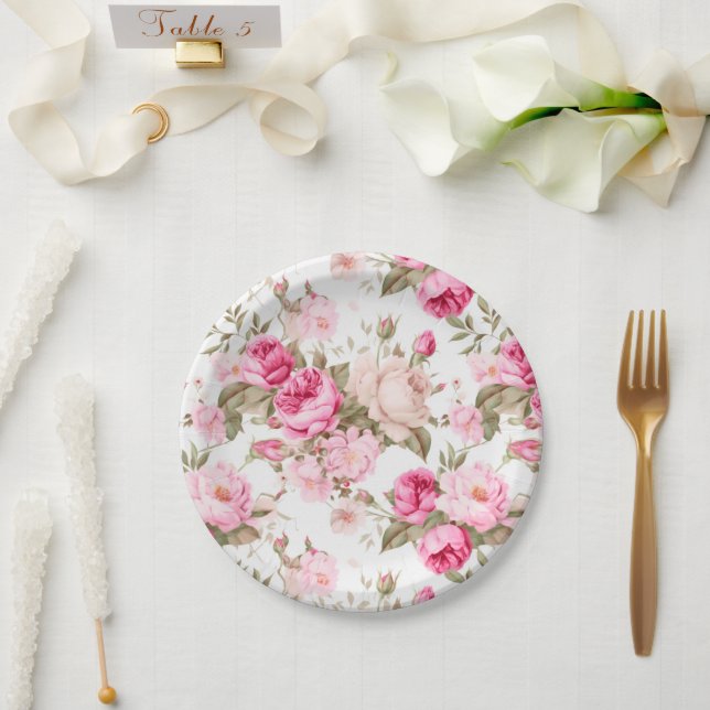 Blume, Vintage Rose, rosa Rosen Pappteller (Hochzeit)