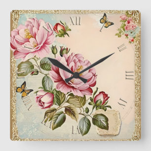 Blume Vintages Shabby Chic Quadratische Wanduhr