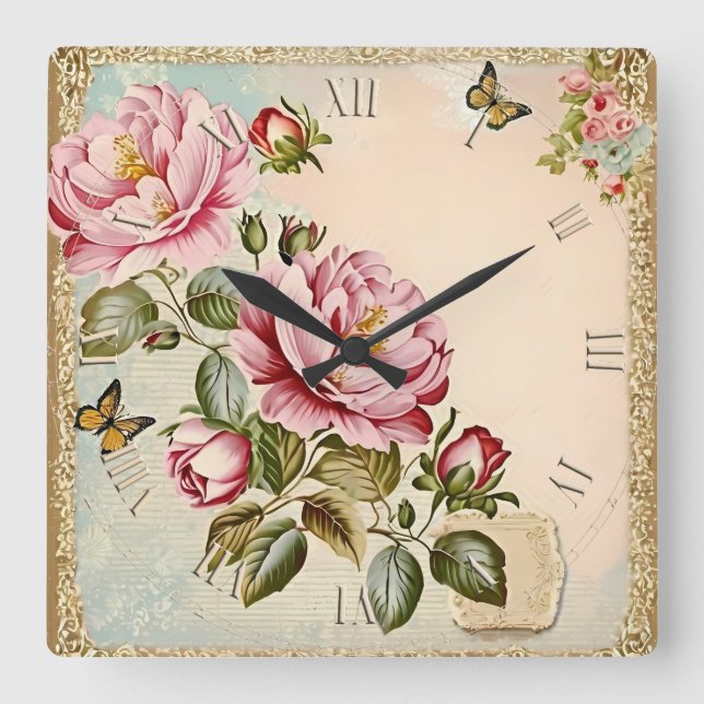 Blume Vintages Shabby Chic Quadratische Wanduhr (Vorderseite)