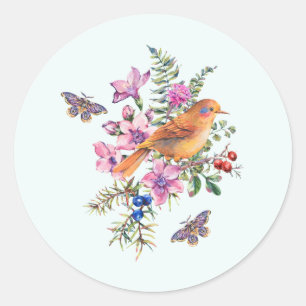 Blume, Vogel und Schmetterling Runder Aufkleber