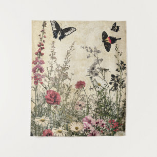 Blume, Vögel und Schmetterlinge auf Altpapier (2) Wandteppich