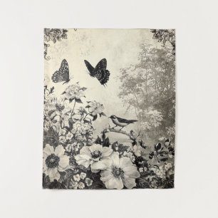 Blume, Vögel und Schmetterlinge auf Altpapier (3) Wandteppich
