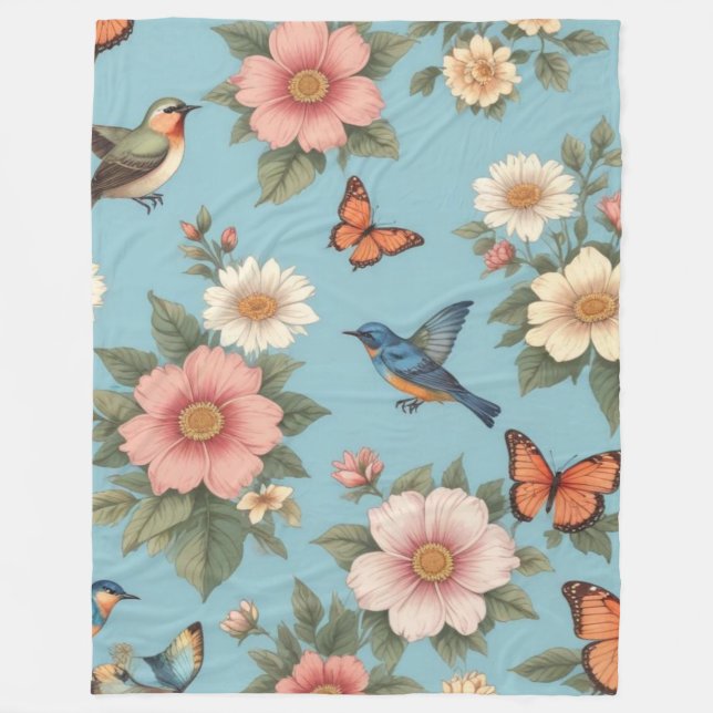 Blume - Vögel und Schmetterlinge Fleecedecke (Vorderseite)