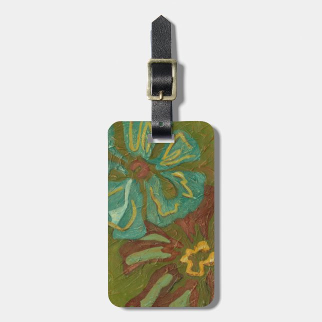 Blume von Aqua und Burnt Orange im grünen Hintergr Gepäckanhänger (Vorderseite vertikal)