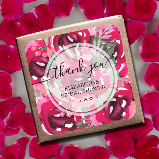 Blume von Aquarell Pink Vielen Dank Quadratischer Aufkleber (Watercolor hot pink flowers thank you bridal shower square  stickers)