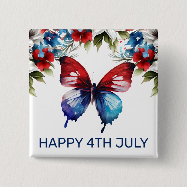 Blume von Aquarell Rot, Blau und Weiß 4. Juli Button (Vorderseite)