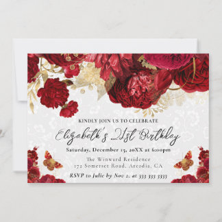 Blume von Aquarell Rot und Gold 21. Geburtstag Einladung