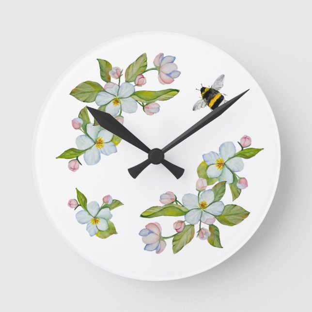 Blume von Gartenbäumen und Hummeln Runde Wanduhr (Vorderseite)