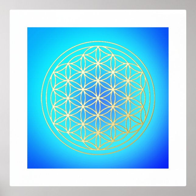 Blume von Life Mandala Symbol Blue Gold Foliendrucke (Vorderseite)