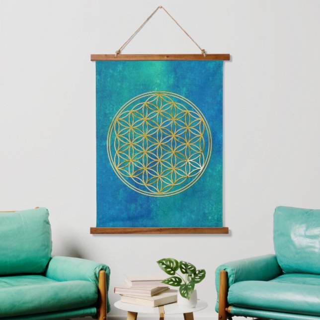 BLUME von LIFE - Sacred Geometrie Golden Style Wandteppich Mit Holzrahmen (Wohnzimmer)