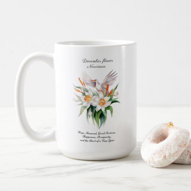 Blume von Narcissus mit dem Floralvogel im Dezembe Kaffeetasse (Mit Donut)