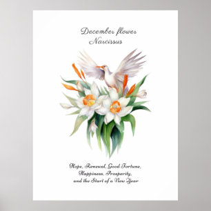 Blume von Narcissus mit dem Floralvogel im Dezembe Poster