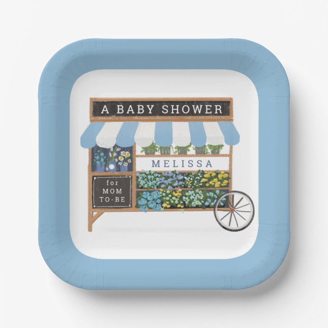 Blume Warenkorb Bauern Markt Blue Baby Dusche Pappteller (Vorderseite)