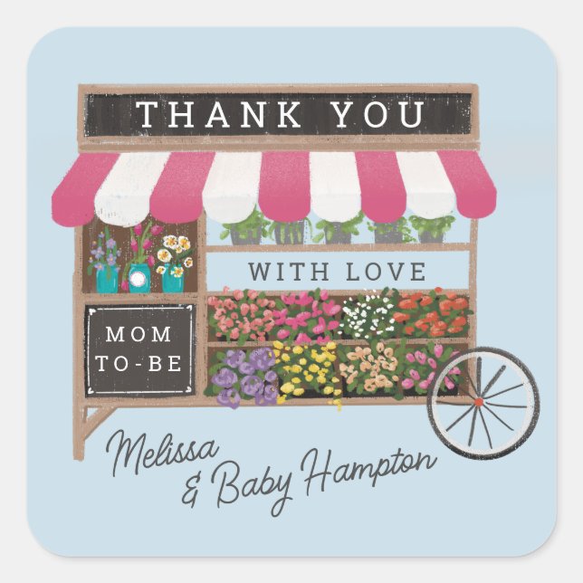 Blume Warenkorb Bauern Markt Pink Baby Dusche Gefa Quadratischer Aufkleber (Vorderseite)