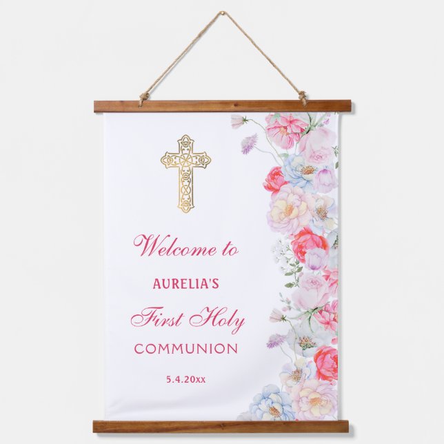 Blume Wasserfarbe erste Kommune Willkommen Wandteppich Mit Holzrahmen (Vorderseite)