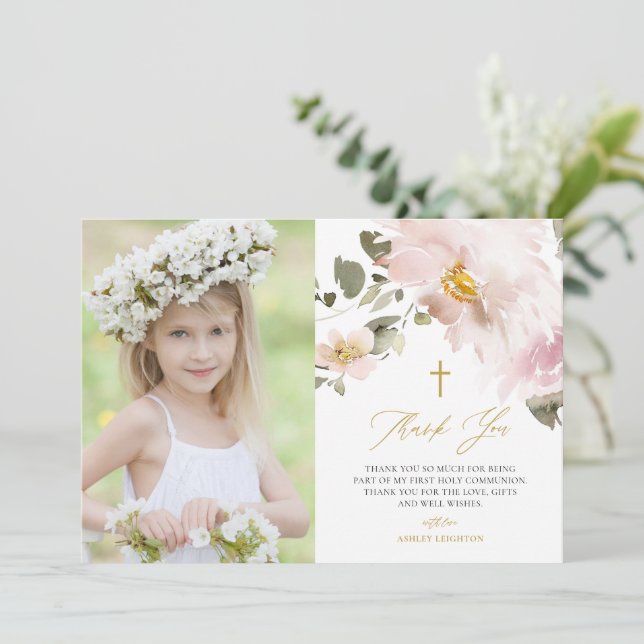 Blume Wasserfarbe Erstkommunion Dankeskarte (Stehend Vorderseite)