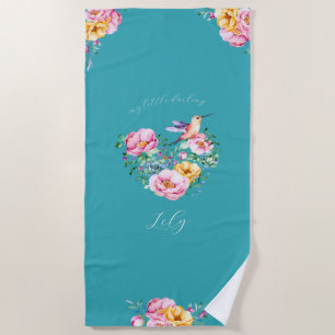 Blume Wasserfarbe Herz und Hummingvogel Strandtuch