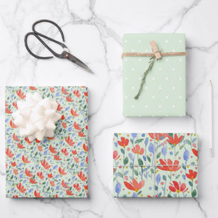 Blume Wasserfarbe in süß-rot und blau Geschenkpapier Set