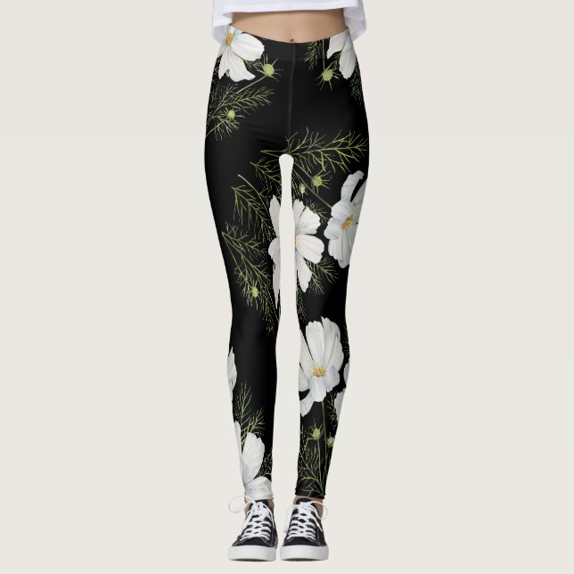 Blume Wasserfarbe Weißer Kosmos Botanische Malerei Leggings (Vorderseite)