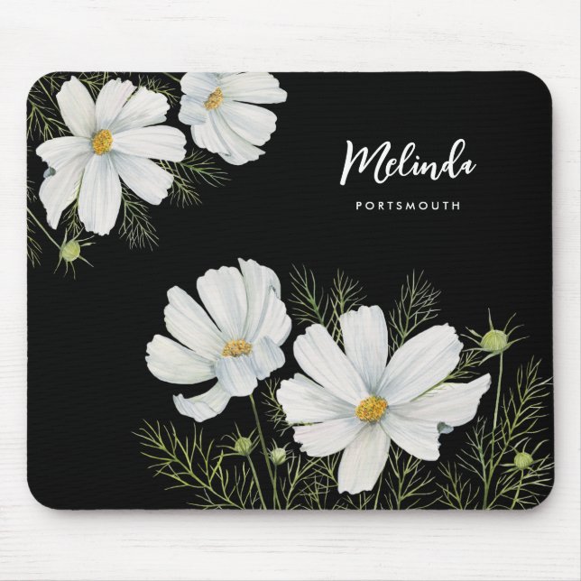Blume Wasserfarbe Weißer Kosmos Botanische Malerei Mousepad (Vorne)