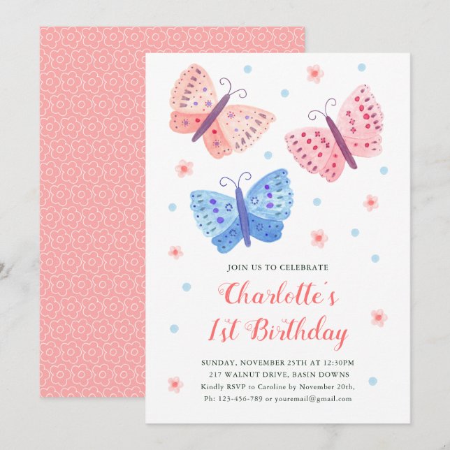 Blume Wasserfarben Schmetterling Girl 1. Geburtsta Einladung (Vorne/Hinten)