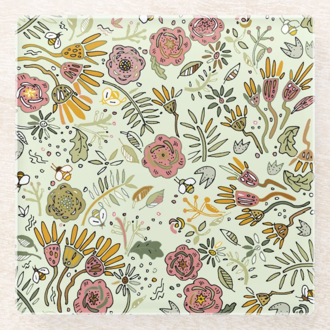 Blume Wasserfarbene Bienen Elegante Moderne Glasuntersetzer (Vorderseite)