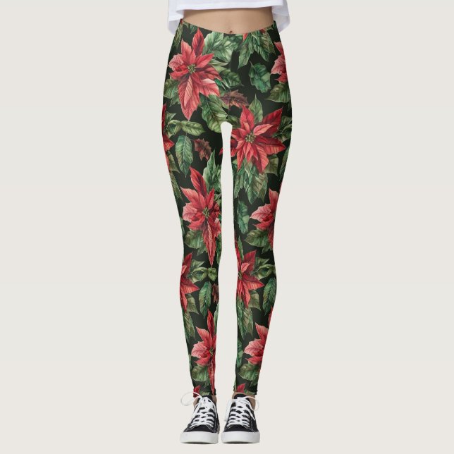 Blume Watercolor Poinsettia Weihnachten Leggings (Vorderseite)