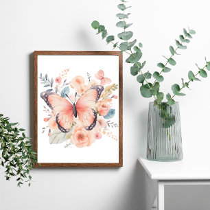 Blume Watercolor Rosa Schmetterling Poster