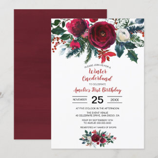 Blume Watercolor Winter Burgund zum ersten Geburts Einladung