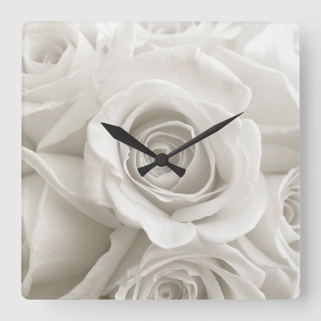 Blume | Weiße Rosen Quadratische Wanduhr (Vorderseite)