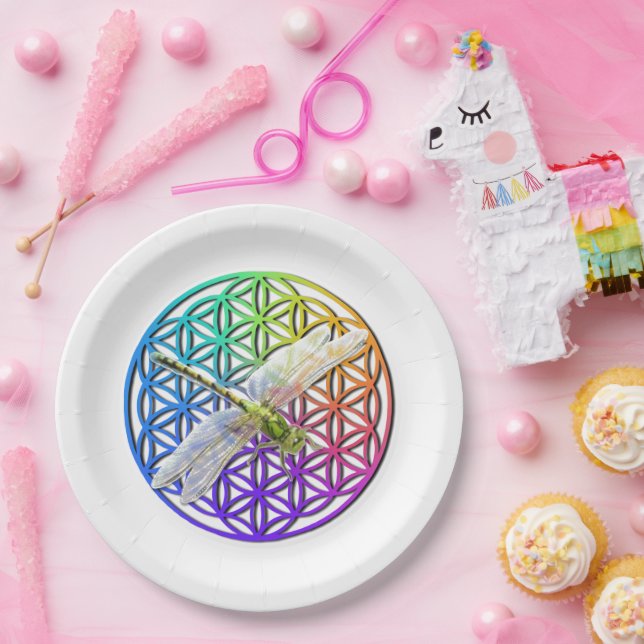 Blume, wenn Libellenfliege die heilige Geometrie k Pappteller (Party)