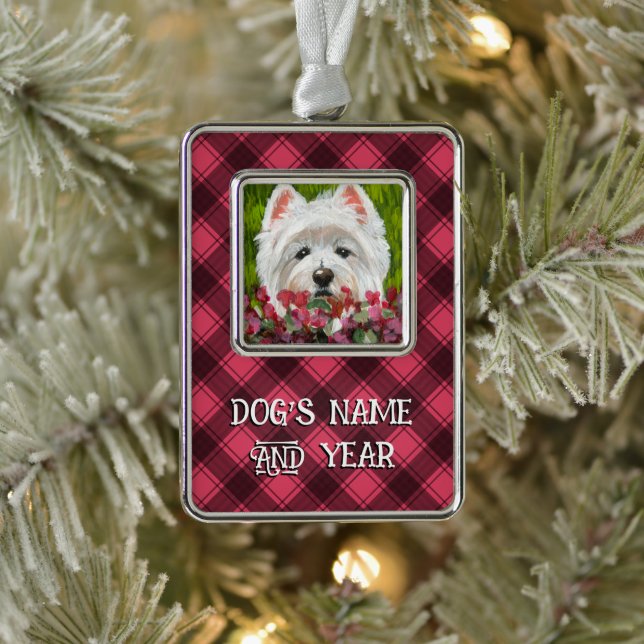 Blume Westie und Pink Rahmen-Ornament Silber (Baum)