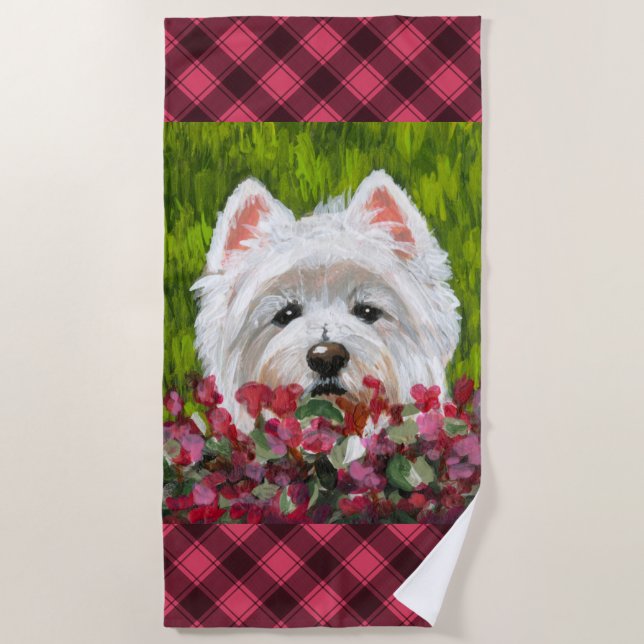 Blume Westie und Pink Strandtuch (Vorderseite)