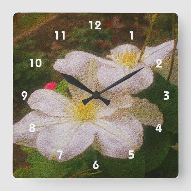 Blume White Clematis Art Quadratische Wanduhr (Vorderseite)